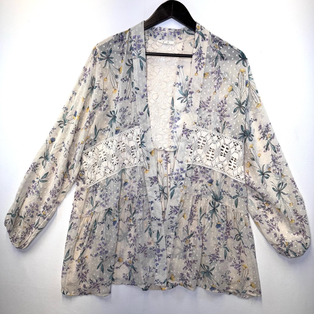 Easel Sheer Floral Crochet Cardigan Duster Kimono‎ size Medium Swiss Dot Boho
